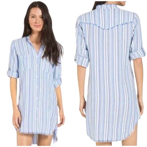 Anthropology Cloth & Stone Blue & White Stripe Frayed Hem Denim Dress SZ S $139 - Picture 2 of 16